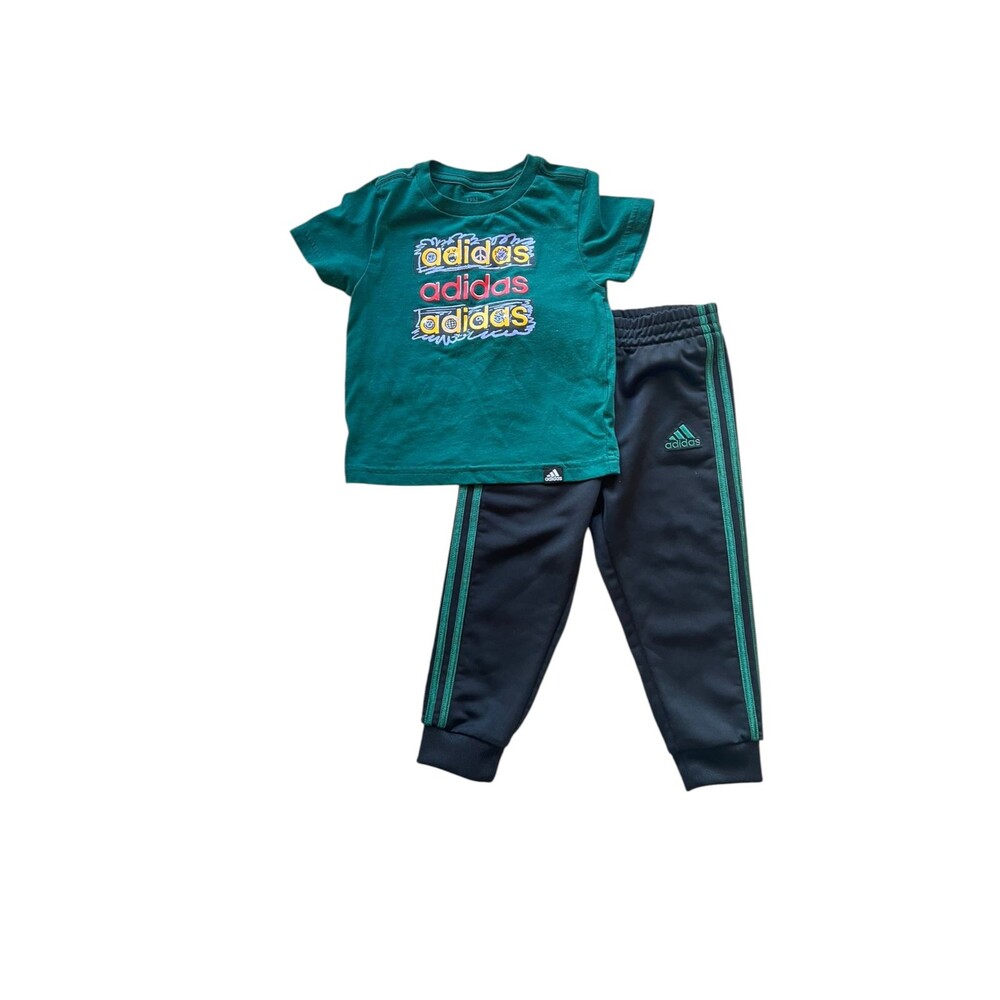 Adidas Toddler Boys 18M 2 Piece Outfit Set Green Graphic Tee Black Jogger Pants